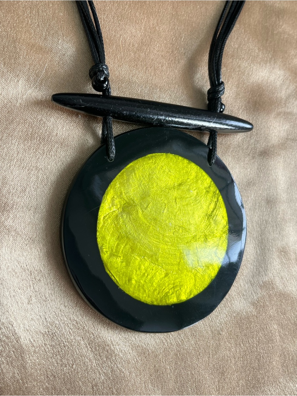 Huge Disc Pendant Necklace Lime Shimmer Lacquered Wood & Leather